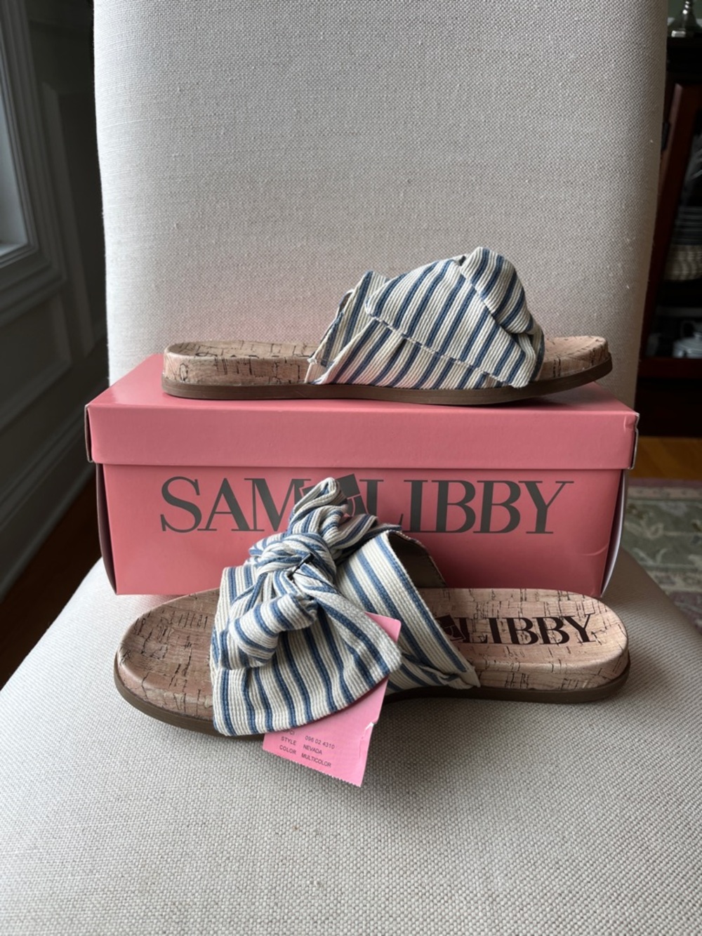 Sam & Libby Cream and Blue Striped Bow Slide Mules - Picture 2 of 6